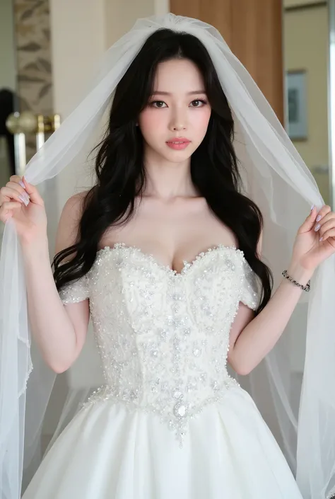 The image showcases a beautiful young woman dressed as a bride. She wears an elegant white wedding gown adorned with intricate floral embellishments and shimmering sequins. The dress features an off-the-shoulder design, accentuating her delicate shoulders ...