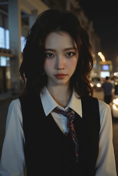 ((realistic lighting, better quality, 8 k, masterpiece: 1.3)), Sharp focus: 1.2, 1girl, perfect body, Beauty: 1.4, Thin press: 1.1, ((dark brown hair)), (is dressed as a schoolteacher: 1.4), (in school class 1.1), Night view of the city, Very thin face, Sl...