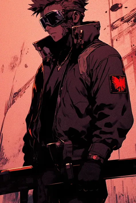 high quality, 8K Ultra HD, Anime, Comic, A young vigilante in his 20's, dark clothes, tactical gear, an open black tactical motorcycle jacket with a red Griffin patch on its right sleeve, black zipped up combat fleece underneath jacket, combat pants, black...