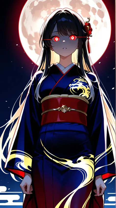 kimono, beauty in return, Illuminated by the light of the full moon , Mysteriously glowing eyes
