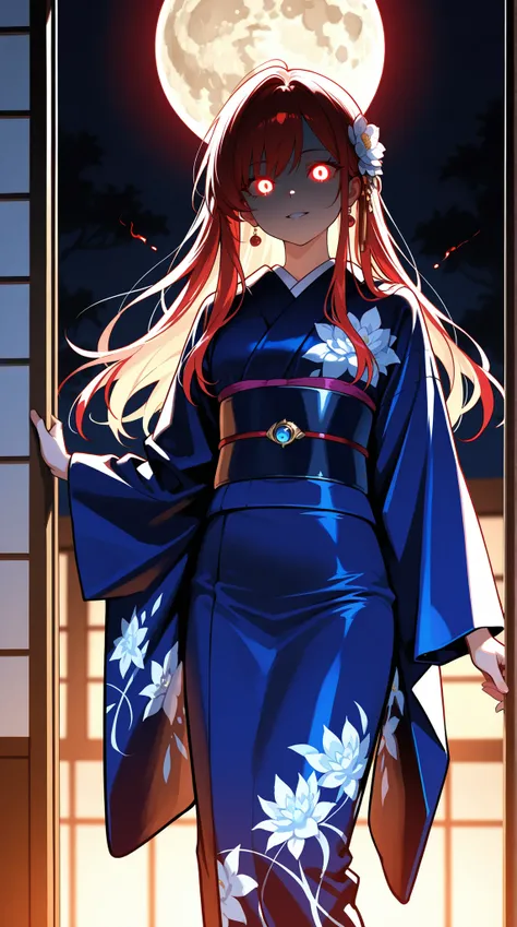 kimono, beauty in return, Illuminated by the light of the full moon , Mysteriously glowing eyes