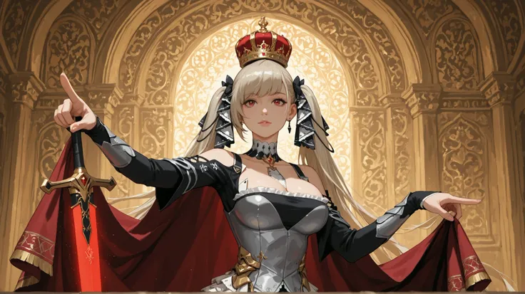 An imposing woman figure clad in intricately detailed silver armor with ornate patterns, wearing a red flowing cape. The character wields a large, gleaming sword held confidently, pointing upwards. On their head rests a tall, ornate crown. The scene is set...