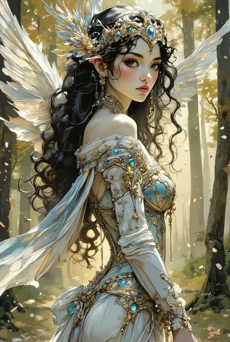 A young, buxom girl, probably in her early twenties, with fair skin and striking light blue eyes, turns gracefully and sexually arching her pussy.  Her black curly long hair cascades down her back.  She is wearing an ornate, multi-layered sexy outfit that ...
