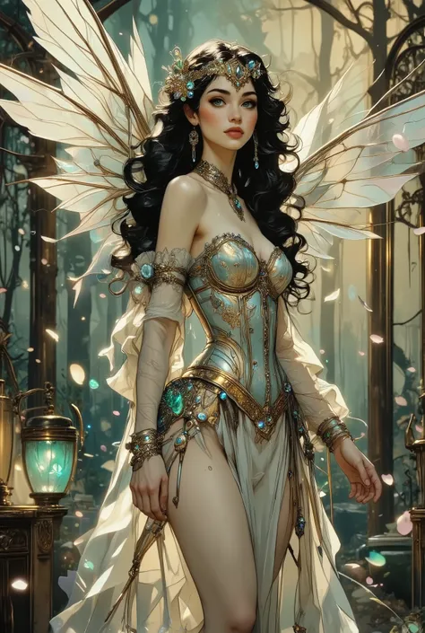 A young, buxom girl, probably in her early twenties, with fair skin and striking light blue eyes, turns gracefully and sexually arching her pussy.  Her black curly long hair cascades down her back.  She is wearing an ornate, multi-layered sexy outfit that ...