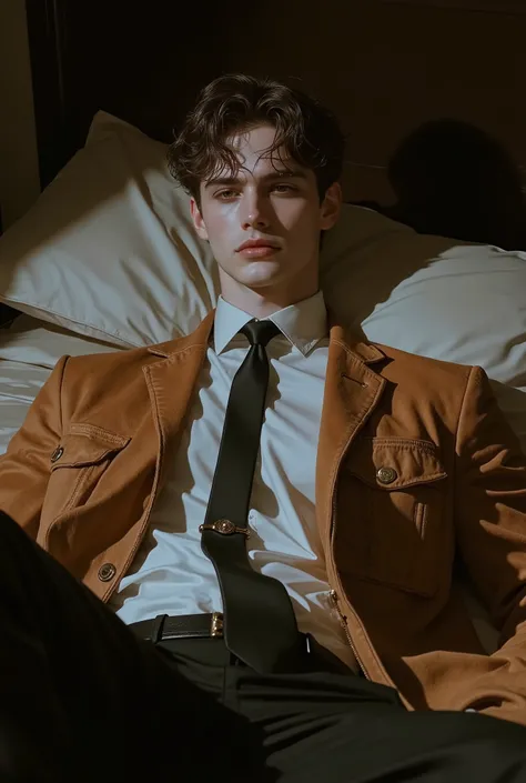 First person point of view, A handsome young man with short brunette hair, hazel eyes, On the bed,fitness,Sit-up position, wearing: The upper part of the outfit consists of a sharp mix of rugged and refined elements: a cropped tan suede wringkled zip-up ja...