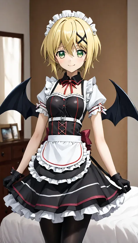 Akatsuki_Kirika、Blonde hair, green eyes, short hair, x hair ornament、Shiny Hair、Tight waist、Small waist、Glowing Skin、ruanyi0872,belt,black gloves,black thighhighs,chest harness,demon girl,maid,black panties,demon wings,apron、light smile、bedroom background、...