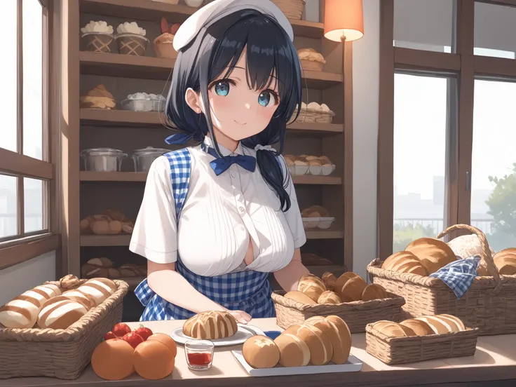 ((((masterpiece)))), high quality, very_high_resolution, large_filesize, full color,Japanese、full,body,black hair, long hair,((巨乳、熟女,mother,ground mother,bra,たくし上げ)),(((kobeya uniform , blue skirt , blue neckwear , gingham apron , Bakery , )))