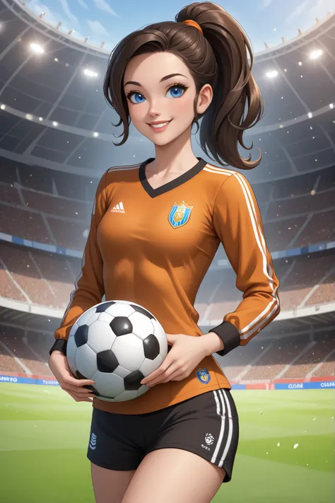 1girl, adult, cute, adult, lips, soccer girl, goalkeeper, longsleeve orange jersey, black soccer shorts, dark brown ponytail hair, blue eyes, slim body, smiling