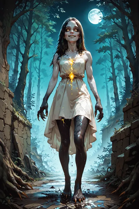 Female figure flies (girl floating),(flying) approx. 30 cm (30 cm above the ground) forms an eternity, feet don't touch the ground (feet not touching the ground), (wet ground) amid the dense forest mist (dense forest fog), moonlight (moon soft light) pier...