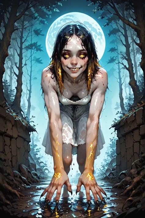 Female figure flies (girl floating),(flying) approx. 30 cm (30 cm above the ground) forms an eternity, feet don't touch the ground (feet not touching the ground), (wet ground) amid the dense forest mist (dense forest fog), moonlight (moon soft light) pier...
