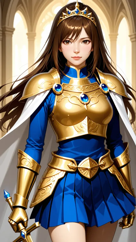 Half-body view of a beautiful woman with long brown hair and full spiky bangs, beautiful brown eyes, medium chest, wear a golden tiara with blue gemstone, white capes, wear a gold breastplate, gold shoulder pads, wear blue shirt under breastplate with long...