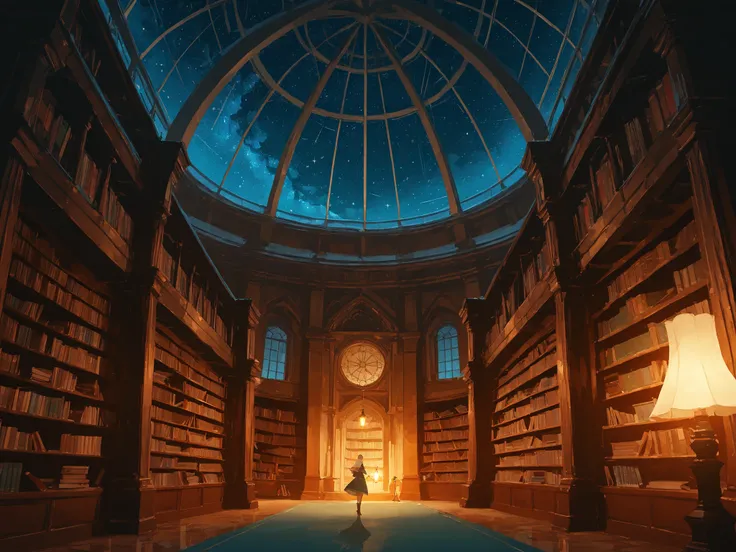 very wide shot, an angel, Library, glowing magical lamp in library, night, windows, starry, fantasy world