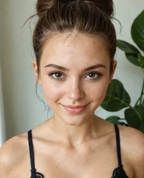 obra-prima, Best Quality, incredible quality, hair, soft lighting, sardas, messy bun, neutral makeup , pretty face, detailed skin texture, Slight Smile, shallow depth of field, plants natural background
