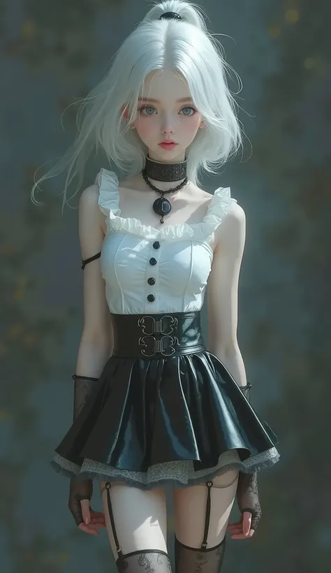 Photorealistic,RAW photo,Standing,full body shot,European girl,very Cute girl,(((Very small and skinny 1.5))),((Very small breasts 1.8)),Aqua eyes,short hair,ponytail,brown hair, blonde, silver hair, white hair,center part,((latex micro mini skirt)),garter...