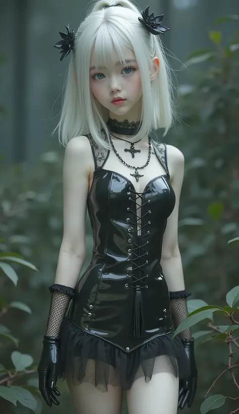 Photorealistic,RAW photo,Standing,full body shot,European girl,very Cute girl,(((Very small and skinny 1.5))),((Very small breasts 1.8)),Aqua eyes,short hair,ponytail,brown hair, blonde, silver hair, white hair,center part,((latex micro mini skirt)),garter...