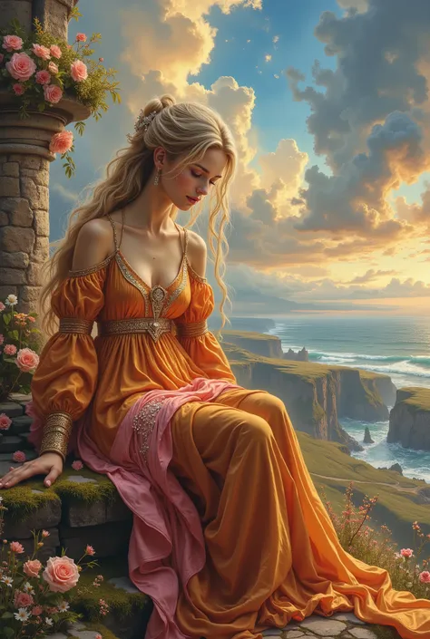 oil painting,  fantasy style, highest quality, 8k resolution.  Young woman (20-25 years old ), of Slavic appearance, lingerie with long blond hair, look with intricate hairstyle a shirt with lots of weaves and decorated with silver clips.  Her skin has a p...