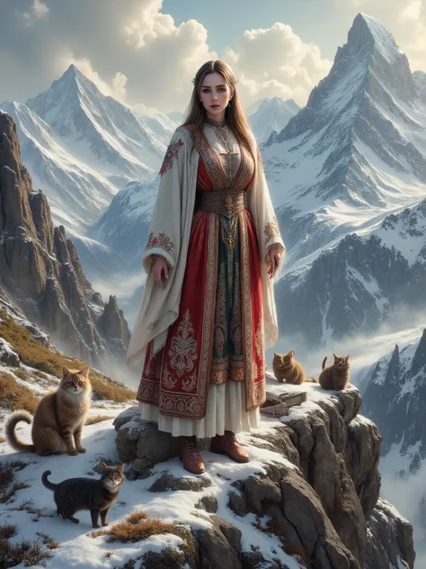 A beautiful Russian woman donning a traditional Caucasian costume and stands in a top of Caucasian Mountains, intricate scene, cats, objects and other characters, drawn digitally by color comic master Don Lawrence, low key