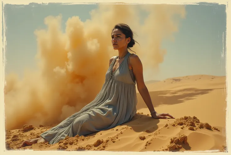 arafed (50% Syrian, 50% Somali) 55yo dressed woman, doggy style, on all fours, crying woman in a grey large dress /(the dress is torn, dirty, transparent and long)/ in the desert sand, a hyperrealistic polaroid Photography of a woman with her hands on the ...