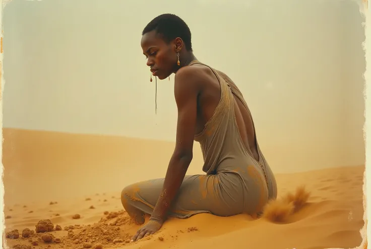 arafed (50% Syrian, 50% Somali) 55yo dressed woman, doggy style, on all fours, crying woman in a grey large dress /(the dress is torn, dirty, transparent and long)/ in the desert sand, a hyperrealistic polaroid Photography of a woman with her hands on the ...