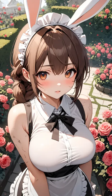 (brown hair), braided ponytail, ((rabbit ears)), maid headdress, Fuji Color, (((masterpiece))), ((textured skin)), (((Advanced Details))), high resolution, cute, nice, maid, apron dress, Big Breasts, Overhead View, ((Rose Garden)), (sleeveless shirt:1.7)