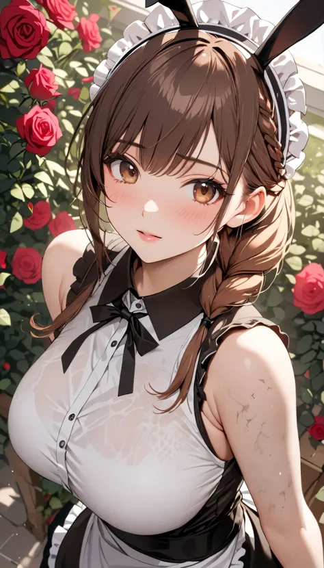 (brown hair), braided ponytail, ((rabbit ears)), maid headdress, Fuji Color, (((masterpiece))), ((textured skin)), (((Advanced Details))), high resolution, cute, nice, maid, apron dress, Big Breasts, Overhead View, ((Rose Garden)), (sleeveless shirt:1.7)