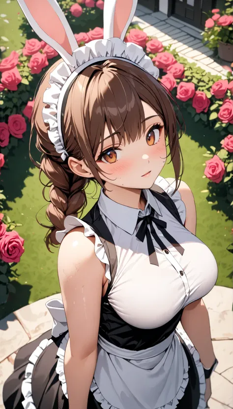 (brown hair), braided ponytail, ((rabbit ears)), maid headdress, Fuji Color, (((masterpiece))), ((textured skin)), (((Advanced Details))), high resolution, cute, nice, maid, apron dress, Big Breasts, Overhead View, ((Rose Garden)), (sleeveless shirt:1.7)