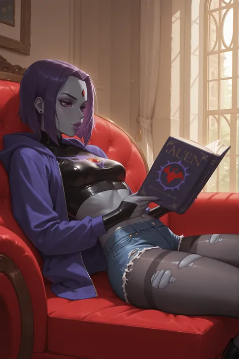 master piece, high quality, 4k uhd,hires, raven from dc, grey skin, low cut crop top, open hoodie with hood down, small breasts, ripped pantyhose, jean shorts, laying back reading book pose,