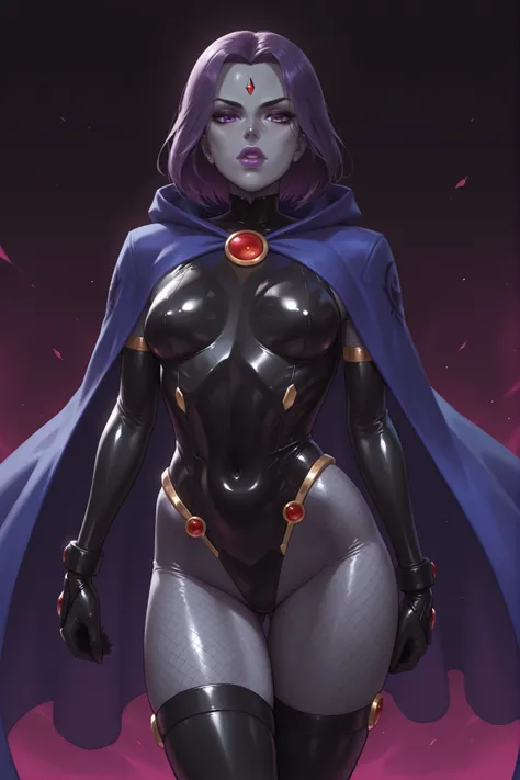 master piece, high quality, 4k uhd,hires, raven from dc, grey skin,small breasts,mesh taimanin bodysuit