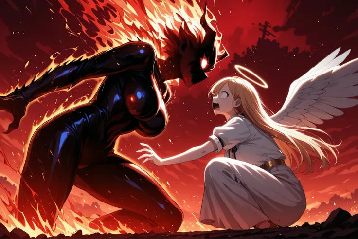 angel scared, (angel: PEOPShockedFace,shocked face,eyes popping out,mouth open,animecartoon):1.5, perfect fingers, perfect eyes; Quality: masterpiece, best quality, amazing quality, ultra-detailed, highly aesthetic, absurdres, (4k,8k,Ultra HD), newest, ver...