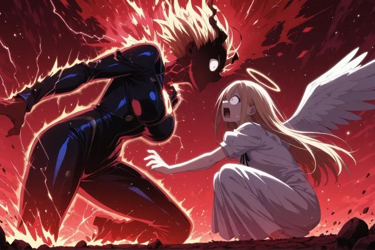angel scared, (angel: PEOPShockedFace,shocked face,eyes popping out,mouth open,animecartoon):1.5, perfect fingers, perfect eyes; Quality: masterpiece, best quality, amazing quality, ultra-detailed, highly aesthetic, absurdres, (4k,8k,Ultra HD), newest, ver...