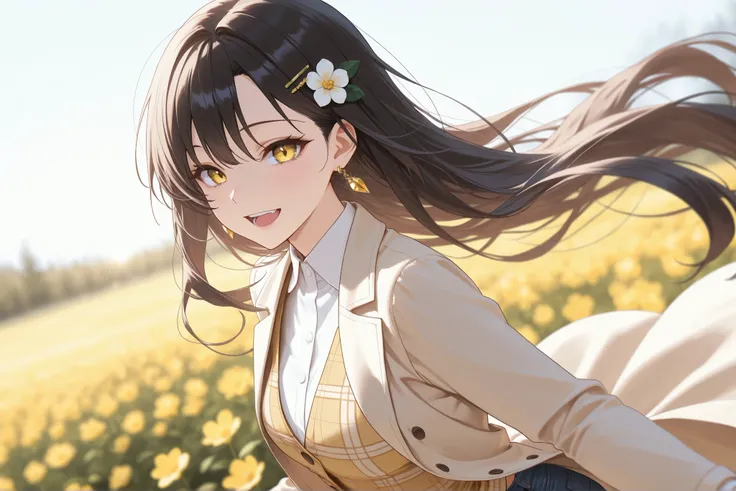 score_9, score_8_up, score_7_up, masterpiece, best quality, detailed face, 1 girl, solo, beautiful, modest chest, slender body, mature, light makeup, adorable, sharp eyes, open mouth, bright smile,
Very long hair, wavy black hair, side bangs, short tidy b...