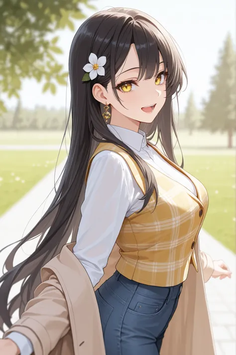 score_9, score_8_up, score_7_up, masterpiece, best quality, detailed face, 1 girl, solo, beautiful, modest chest, slender body, mature, light makeup, adorable, sharp eyes, open mouth, bright smile,
Very long hair, wavy black hair, side bangs, short tidy b...