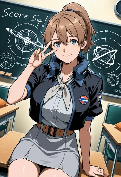 Intrepid (Intrepid(fleet this)),score_9, score_8_up, score_7_up, source_anime, Brave, blue eyes, short hair, brown eyes, ponytail, hair between eyes, Big Breasts, hair tie, Black Jacket,   color jacket , Cropped jacket, gray dress, miniskirt for ears, neck...