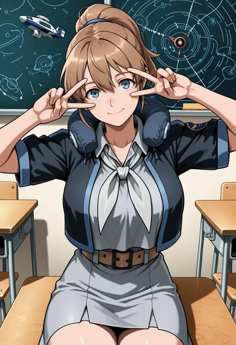 Intrepid (Intrepid(fleet this)),score_9, score_8_up, score_7_up, source_anime, Brave, blue eyes, short hair, brown eyes, ponytail, hair between eyes, Big Breasts, hair tie, Black Jacket,   color jacket , Cropped jacket, gray dress, miniskirt for ears, neck...