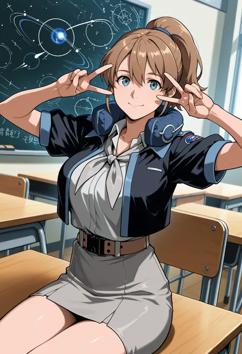 Intrepid (Intrepid(fleet this)),score_9, score_8_up, score_7_up, source_anime, Brave, blue eyes, short hair, brown eyes, ponytail, hair between eyes, Big Breasts, hair tie, Black Jacket,   color jacket , Cropped jacket, gray dress, miniskirt for ears, neck...