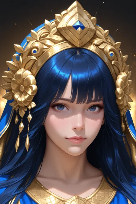 A woman whose entire body is blue and gold, realistic
