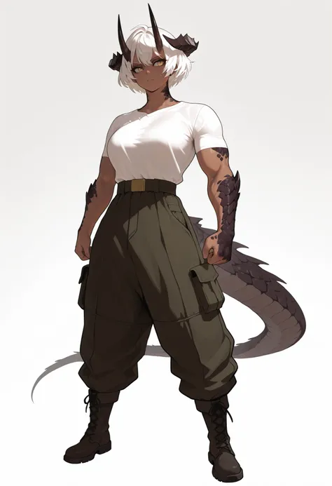 muscular creature, dark horns, yellow eyes, short spiky white hair, short hair, (wearing baggy pants:1.3), dark scales, dark pants, white shirt tucked into pants, short-sleeved shirt, military boots, scalie jaw, closed mouth, scales on arms and legs, scale...