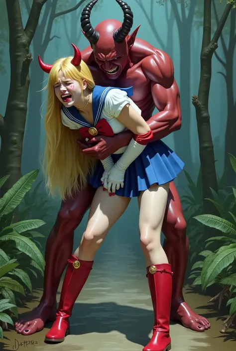 Hyperrealism, masterpiece, highest quality, A young Japanese woman is bending down and hugging from behind by a devil, ((she is crying and screaming in pain)), a bit of blood on her inner thighs, tears from her eyes, painful face, she is wearing a Sailor M...