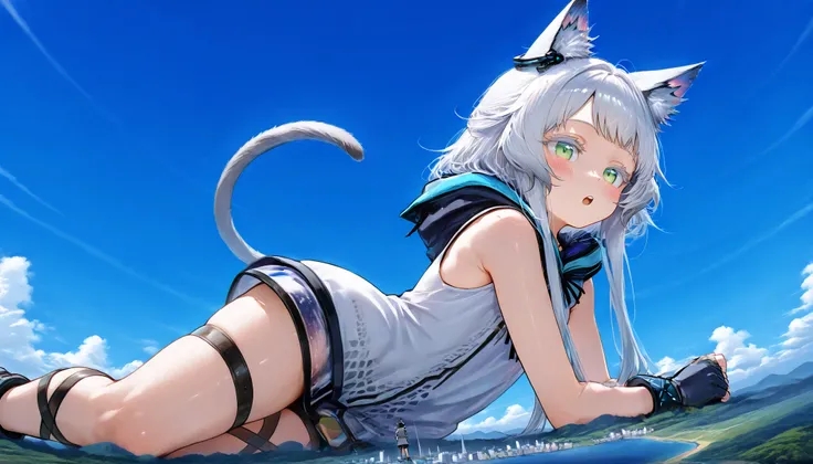 score_9_up, score_8_up, score_7_up, source_anime,頬を地面に押し付ける, ( giantess:1.1), microcity, on stomach, rosmontis \(arknights\), cat ears, cat tail, cat girl, white hair, short hair with long locks, white eyelashes, colored eyelashes, (aged_down:1.4), (leg st...