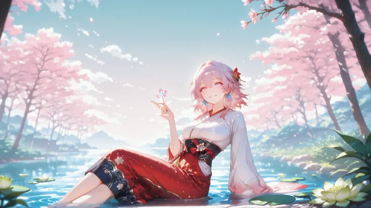 march 7th (honkai: star rail) a beautiful young woman with long pink hair, wearing a traditional japanese outfit with a white and red kimono, sitting in the middle of the image, with her upper body facing the viewer and looking at the viewer with a gentle...