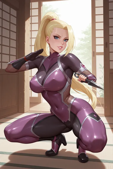 master piece, high quality, 4k uhd,hires, source_anime, Yamanaka Ino from boruto,kunai, milf, taimanin bodysuit, medium breasts, crouching ninja action pose,