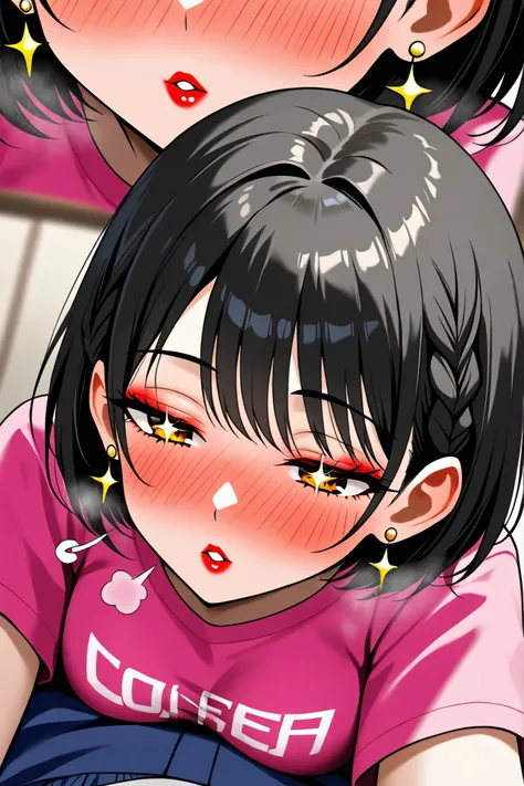 Textured Skin, Short Hair, Black Hair, Braid, Breasts, Earrings, Blush, Parted Lips, Makeup, Nose Blush, Heavy Breathing, Light Blush, Full-face Blush, Red Lips, Sparkling Eyes, Sigh, Half-Closed Eyes, Long Eyelashes, Amber Eyes, Close-Up, Depth Of Field, ...