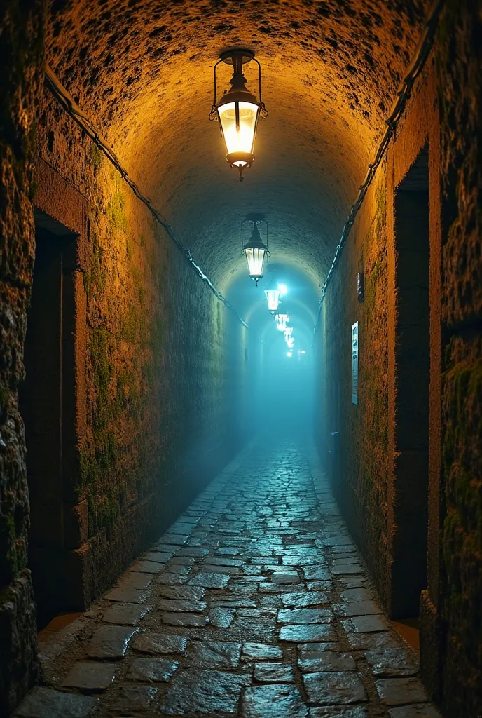 Túnel antigo e sombrio sob Barcelona
“An ancient, narrow underground tunnel beneath the Gothic Quarter of Barcelona, dimly lit by flickering lanterns, with stone walls covered in moss and old carvings, a mysterious fog creeping along the floor, eerie atmos...