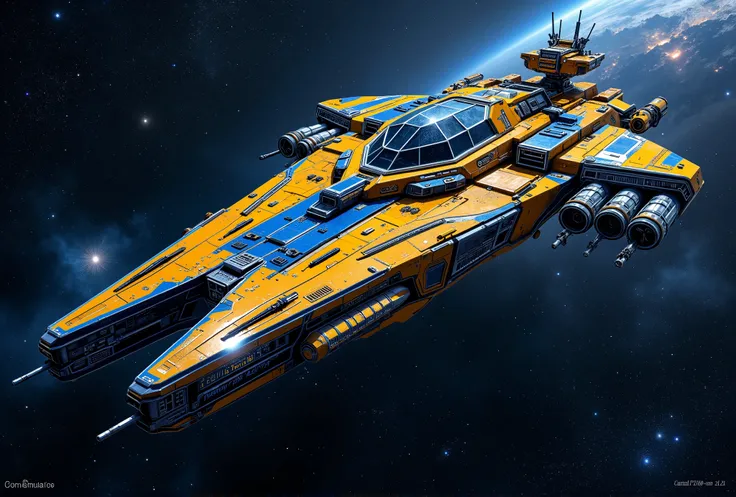 Masterpiece, best quality, highly detailed, a futuristic, angular colossal spaceship in exclusively metal blue and golden metal colors with numerous defensive turrets, and a dodecagonal glass dome, painted with blue stripes on the bow and on the stern, bif...