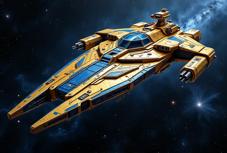 Masterpiece, best quality, highly detailed, a futuristic, angular colossal spaceship in exclusively metal blue and golden metal colors with numerous defensive turrets, and a dodecagonal glass dome, painted with blue stripes on the bow and on the stern, bif...
