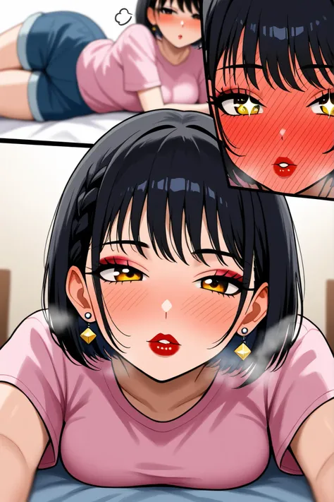 Textured Skin, Short Hair, Black Hair, Braid, Breasts, Earrings, Blush, Parted Lips, Makeup, Nose Blush, Heavy Breathing, Light Blush, Full-face Blush, Red Lips, Sparkling Eyes, Sigh, Half-Closed Eyes, Long Eyelashes, Amber Eyes, Close-Up, Depth Of Field, ...