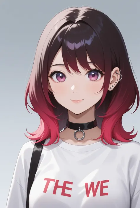 Red gradient hair、medium hair、piercing、casual