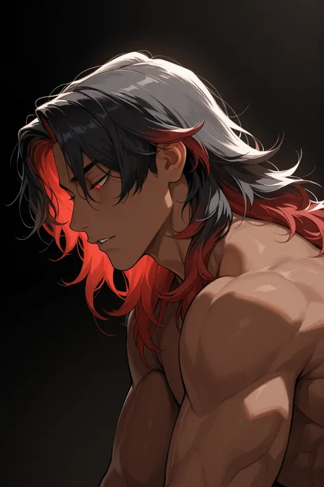 1 man, very handsome face, tall, medium length hair, middle part hair, wolfcut hair, messy wavy hair, black hair, one line of red hair, glowing red eyes, seductive eyes, brown skin, thick neck, muscular neck, full head, side view, looking down, leaning dow...