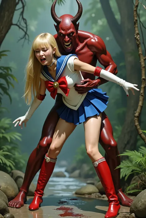 Hyperrealism, masterpiece, highest quality, A young Japanese woman is bending down and hugging from behind by a devil, ((she is crying and screaming in pain)), a bit of blood on her inner thighs, tears from her eyes, painful face, she is wearing a Sailor M...
