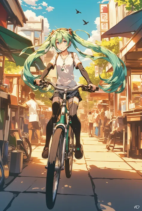 ( masterpiece、 best quality、 best quality、Official Art、 beautiful beautiful :1.2) Hatsune Miku、light green twin tails, beautiful breasts, She's riding her bike home from school, in an orderly manner in her uniform , Her face is illuminated by warm afte...